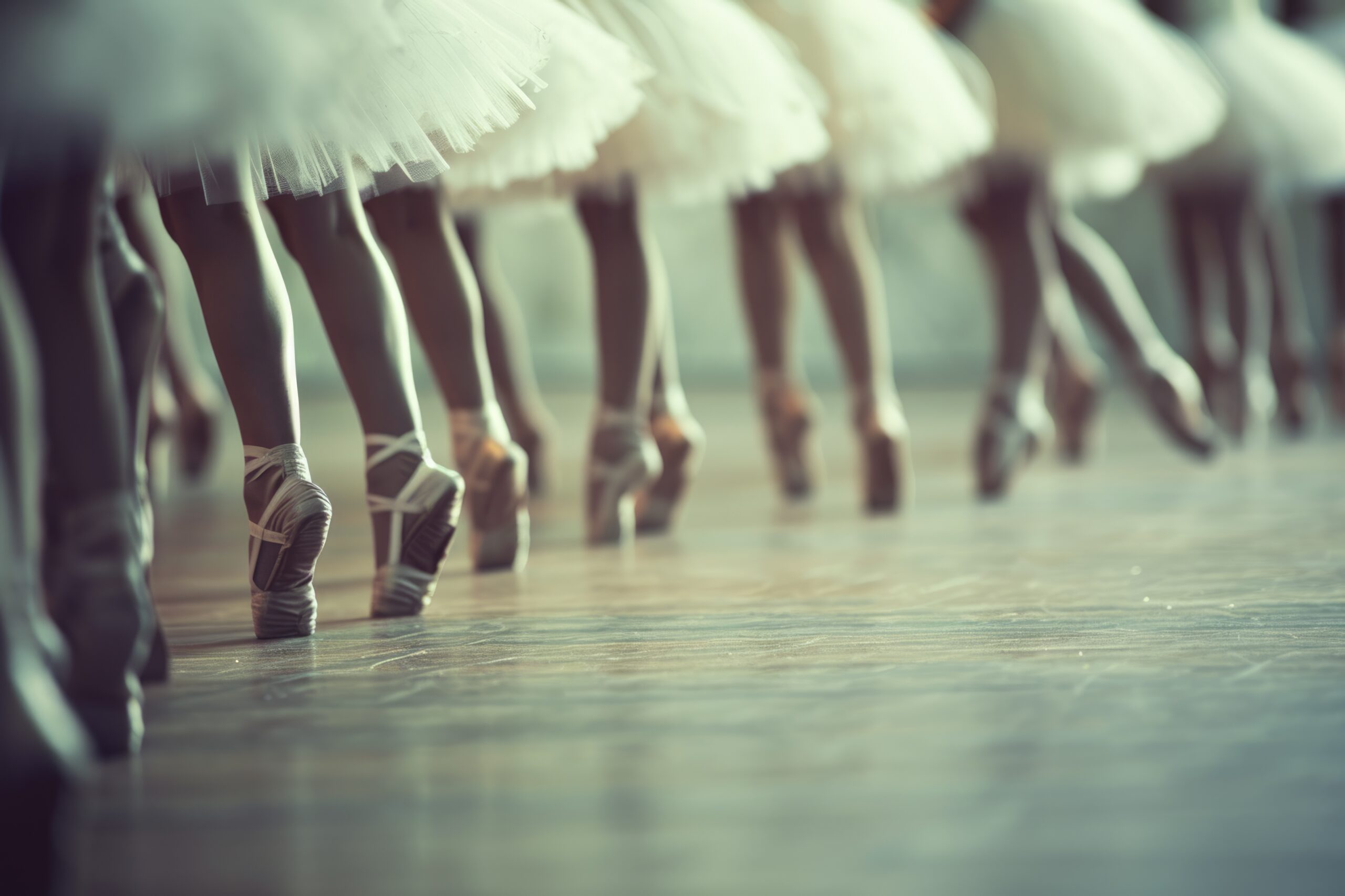 close up of the legs of a ballet class in a row. generative ai
